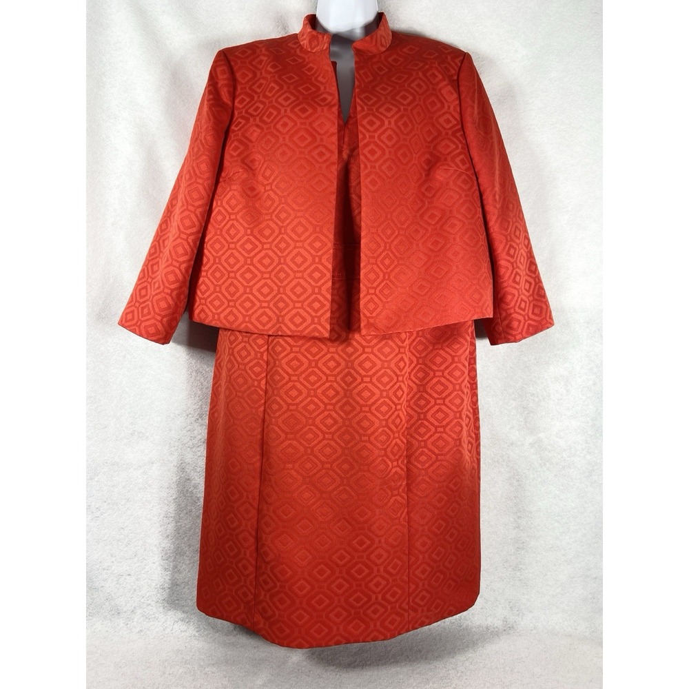 Kasper 2PC Dress Suit Women's 18 Red Blaze Open Geometric Church Career